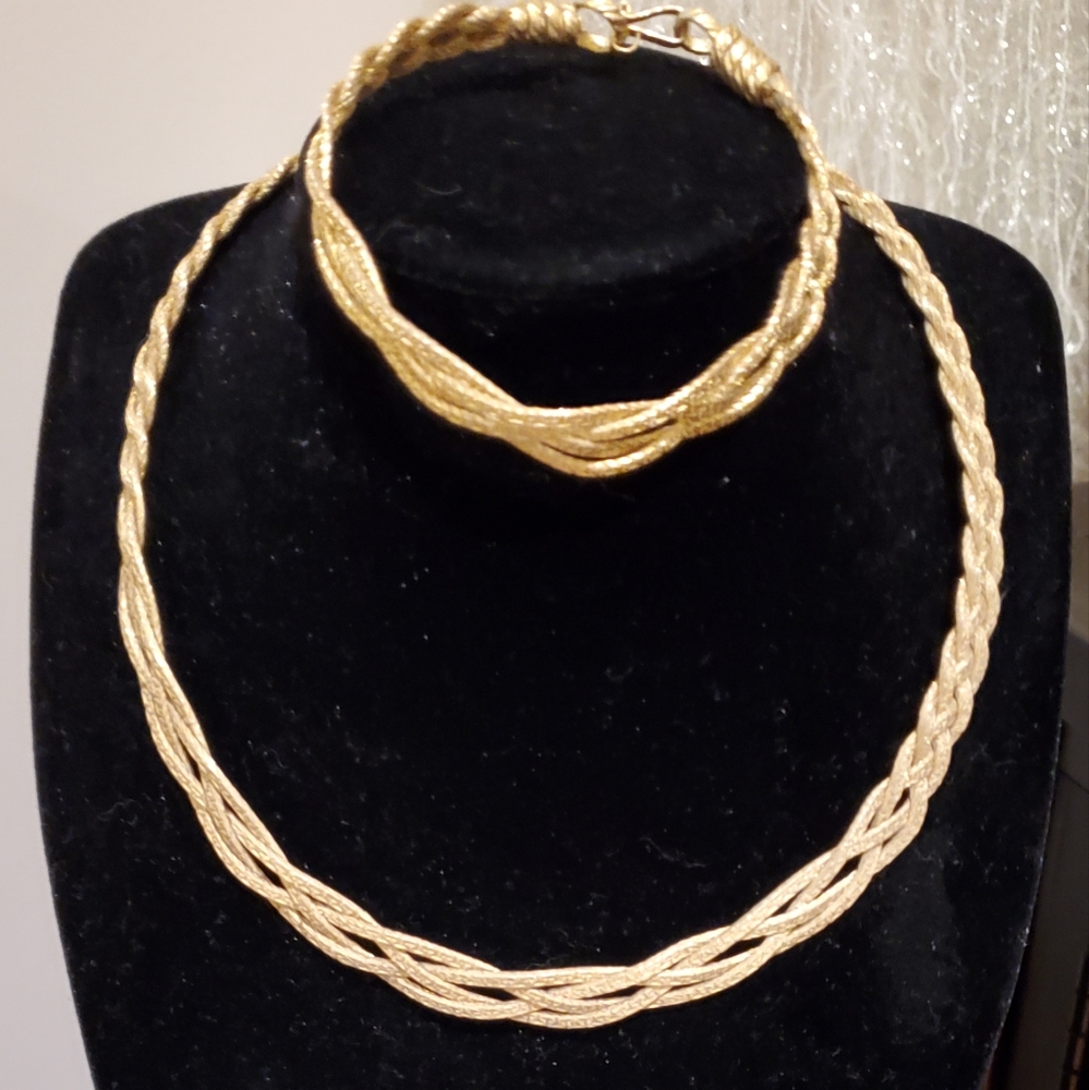 18 k gold plated braided necklace bracelet set